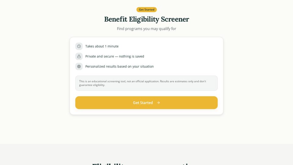 Benefit Eligibility Screener tool screen